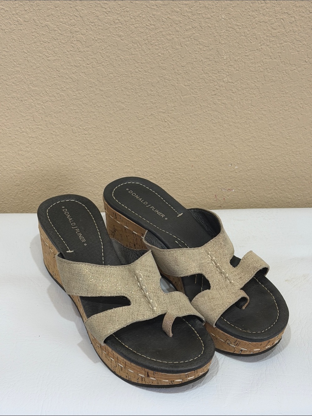 Donald J. Pliner Tan Fabric Cork Wedge Slide